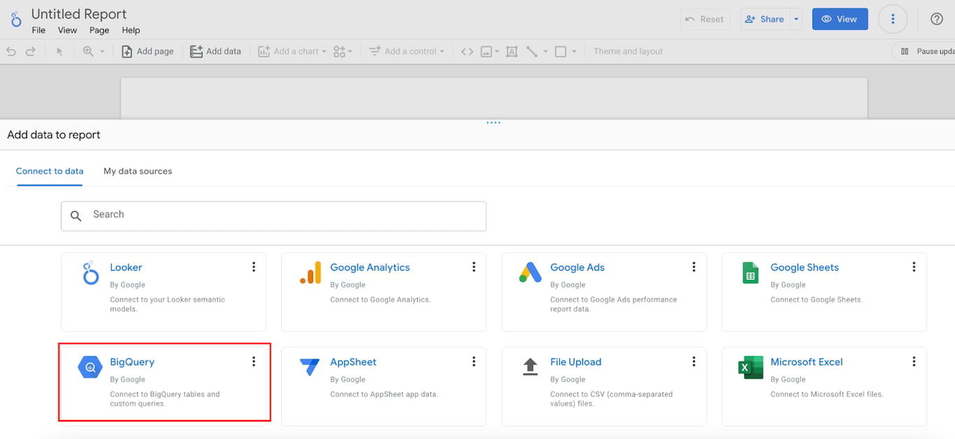 Looker Studio interface showing data source connection for GA4 BigQuery integration.i-shadow