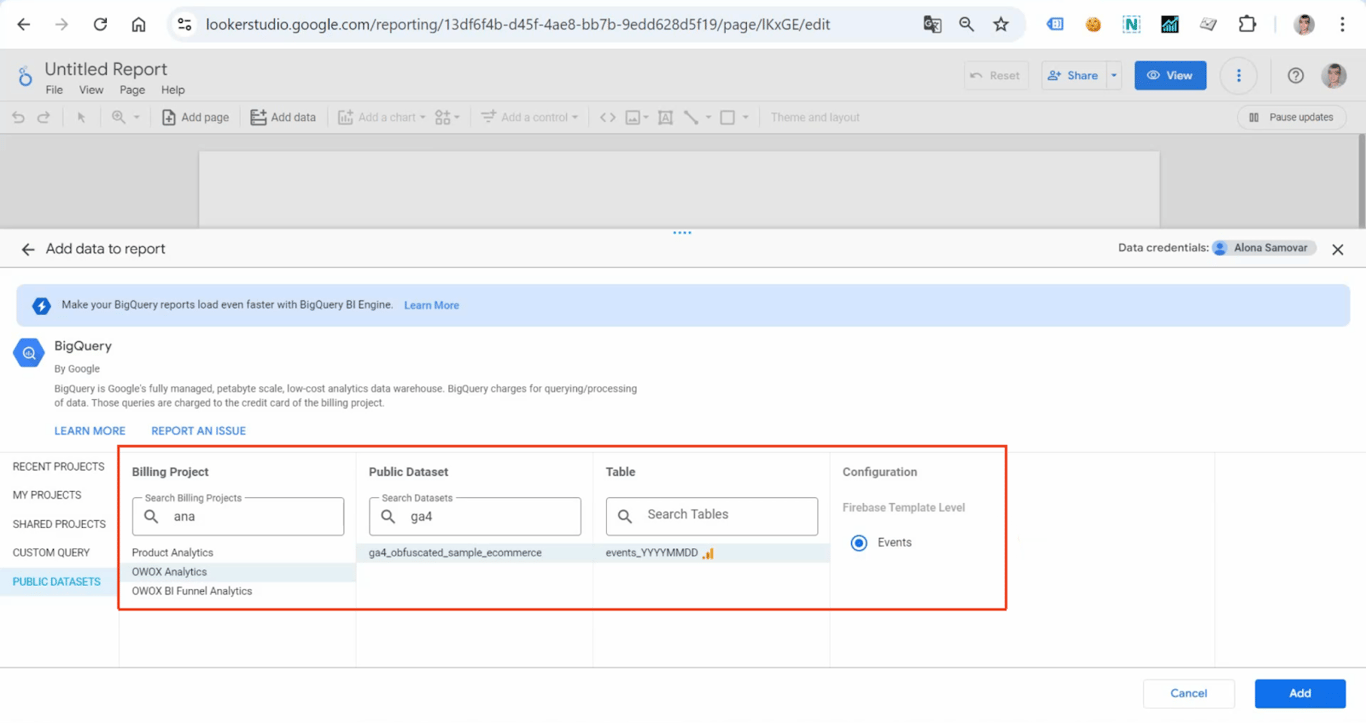 Looker Studio interface displaying the selection of a BigQuery dataset. The billing project, public dataset, and table selection fields are highlighted. i-shadow