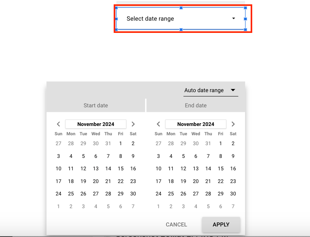 Date range selector in Looker Studio with an open calendar dropdown. i-shadow