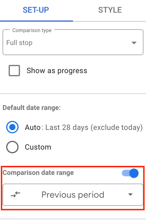 Date range control settings in Looker Studio with ‘Comparison date range’ enabled. The selected option is ‘Previous period’ for data comparison. i-shadow