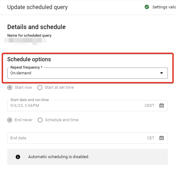Scheduled query settings interface, displaying scheduling options for setting repeat frequency as ‘On-demand’ or scheduling a fixed execution time. i-shadow