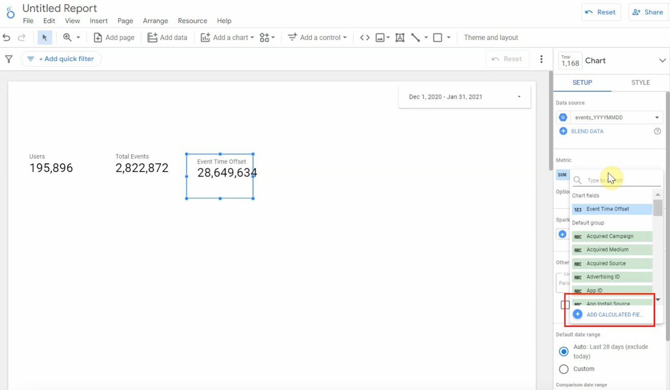 Looker Studio interface displaying a metric selection dropdown in the chart setup panel. i-shadow