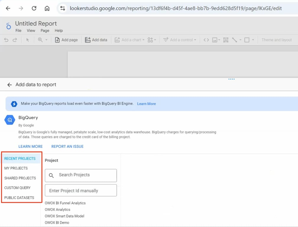 Looker Studio interface with an untitled report, showing the ‘Add data to report’ section with BigQuery as the selected data source. i-shadow
