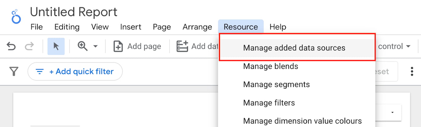 Looker Studio interface showing the ‘Manage added data sources’ option under the ‘Resource’ menu. i-shadow