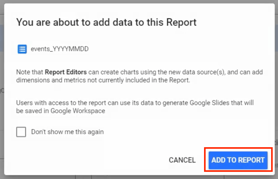 Popup confirmation in Looker Studio indicating that data is about to be added to the report. i-shadow