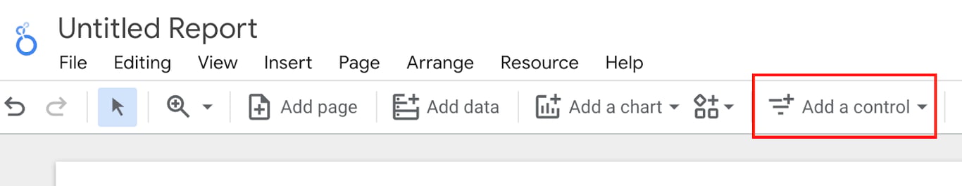 Looker Studio interface with the ‘Add a control’ dropdown open, allowing users to add interactive elements. i-shadow