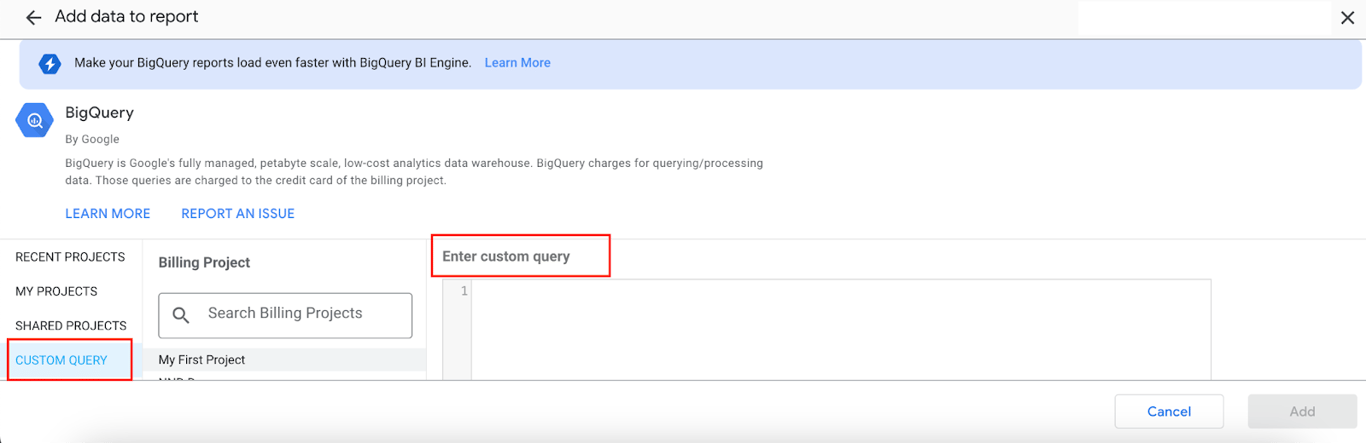 Looker Studio interface showing the process of adding BigQuery data to a report i-shadow