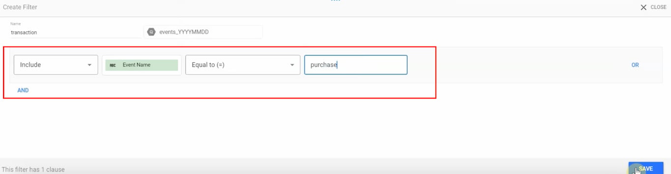 Create Filter panel in Looker Studio with a filter applied to include only events where ‘Event Name’ is equal to ‘purchase’. i-shadow