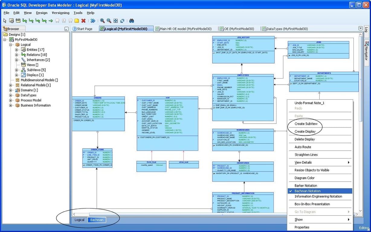 Oracle SQL Developer Data Modeler showing a logical database schema with multiple interconnected tables and a contextual menu for diagram customization. i-shadow