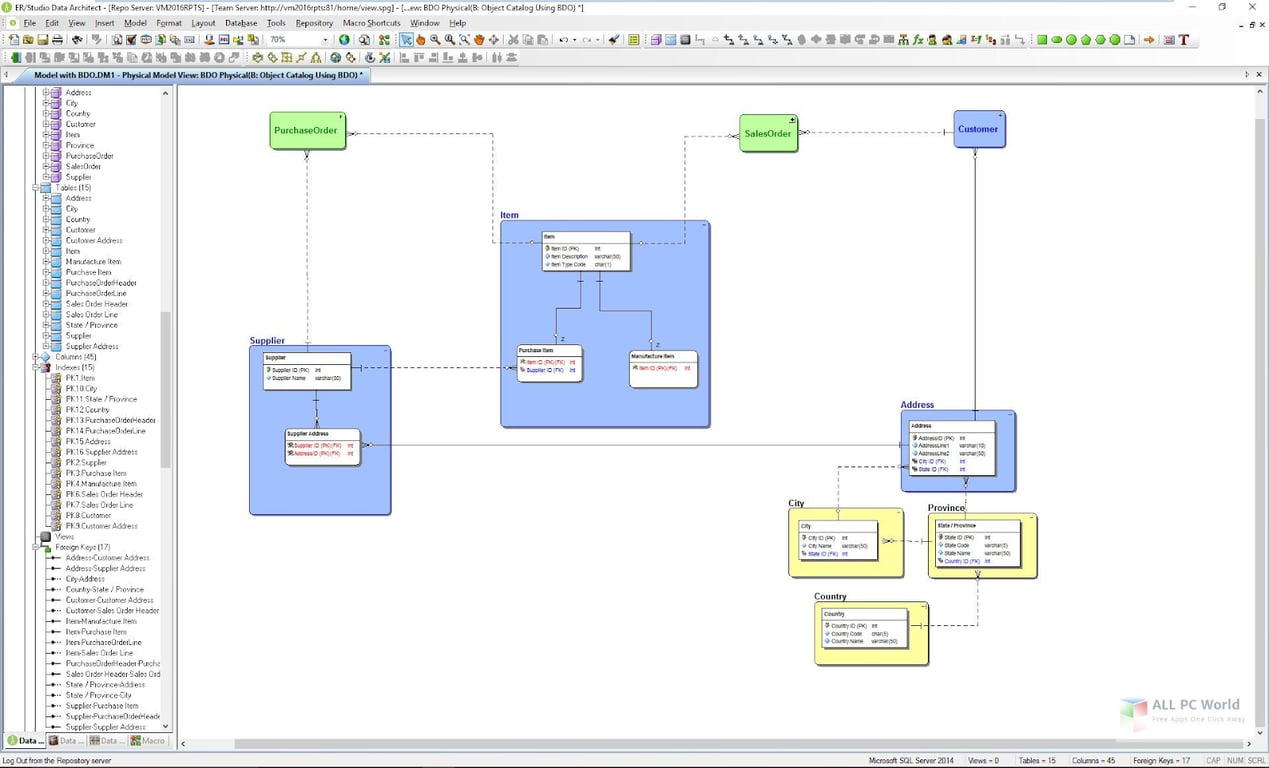 ER/Studio Data Architect interface showcasing a database schema with entity relationships for purchase orders, suppliers, customers, and geographical data. i-shadow