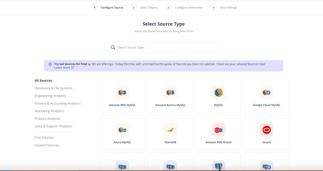 A Hevo Data interface displaying various data source options, including Amazon RDS MySQL, Google Cloud MySQL, and Oracle, for configuring an ETL pipeline.