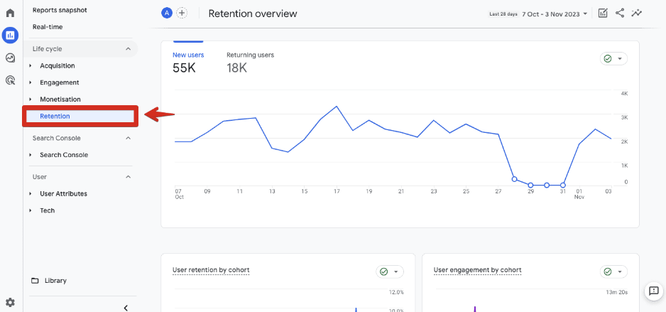 Retention Reports in GA4 showing metrics like user retention and engagement by cohort, and new and returning users. i-shadow