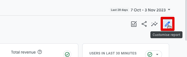 GA4 interface with the option to customize reports, in the Reports section. i-shadow