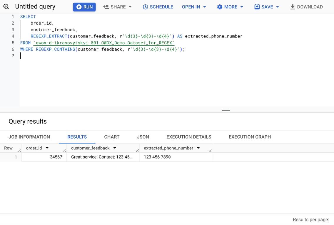  BigQuery query using REGEXP_EXTRACT and REGEXP_CONTAINS to extract phone numbers from the customer_feedback column. i-shadow