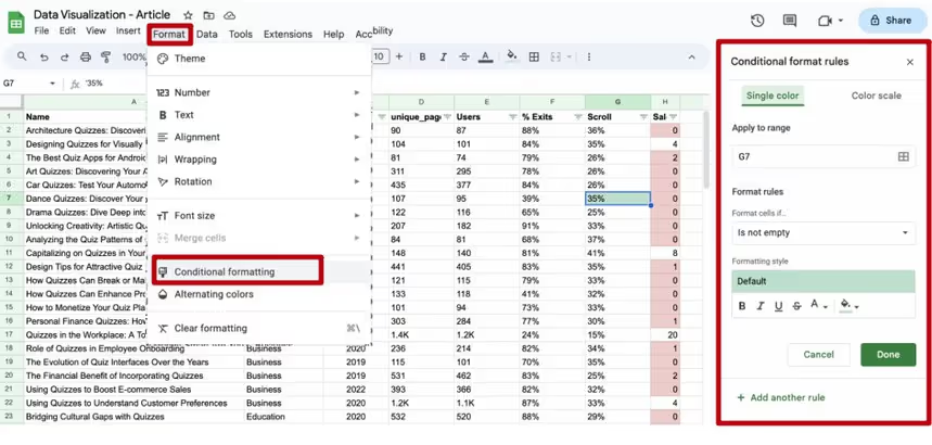 Google Sheets interface displaying conditional formatting options applied to a dataset for better insights.