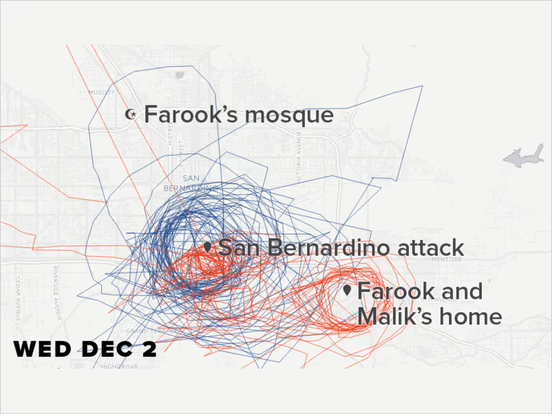 Data visualization of movement patterns related to the San Bernardino attack, showing activity around key locations.