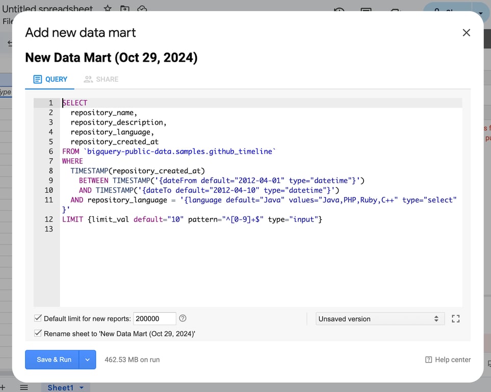 OWOX BI Data Mart editor in Google Sheets showing an SQL query input field with options to configure and execute the query