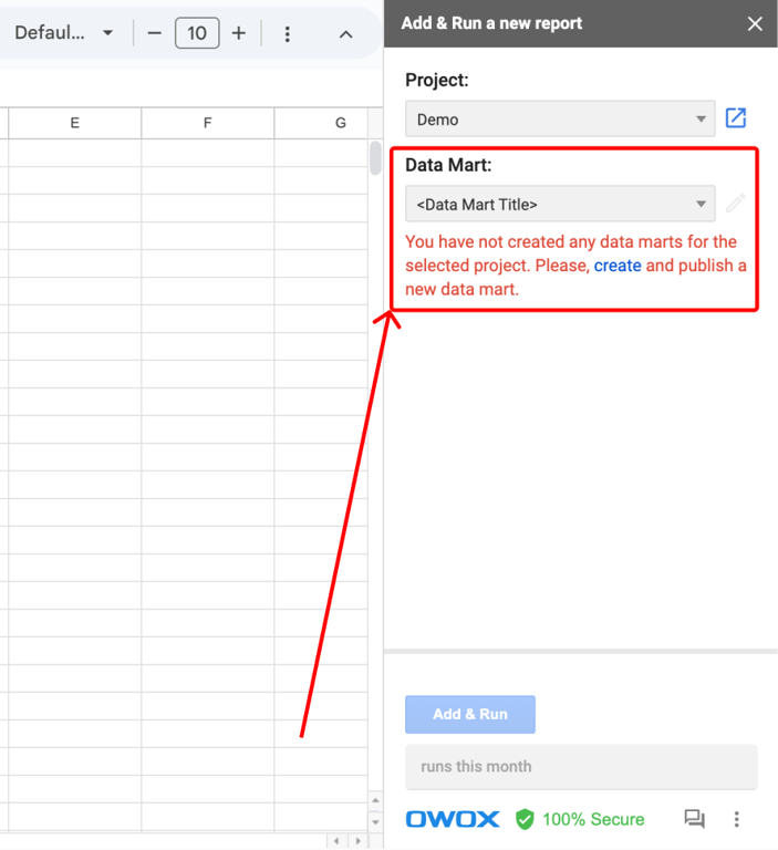 OWOX BI sidebar in Google Sheets prompting the user to create and publish a new Data Mart. i-border