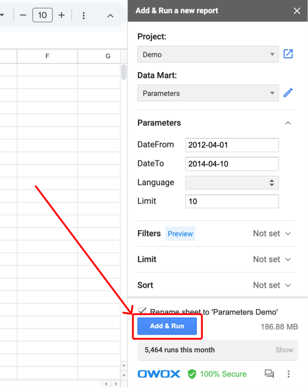 ‘Run’ button highlighted in the OWOX Sheets Extension, the final step to load data mart results into Google Sheets. i-shadow