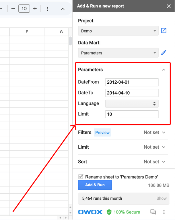 OWOX Sheets Extension report panel with query parameters for filtering data by date range or other dimensions. i-shadow
