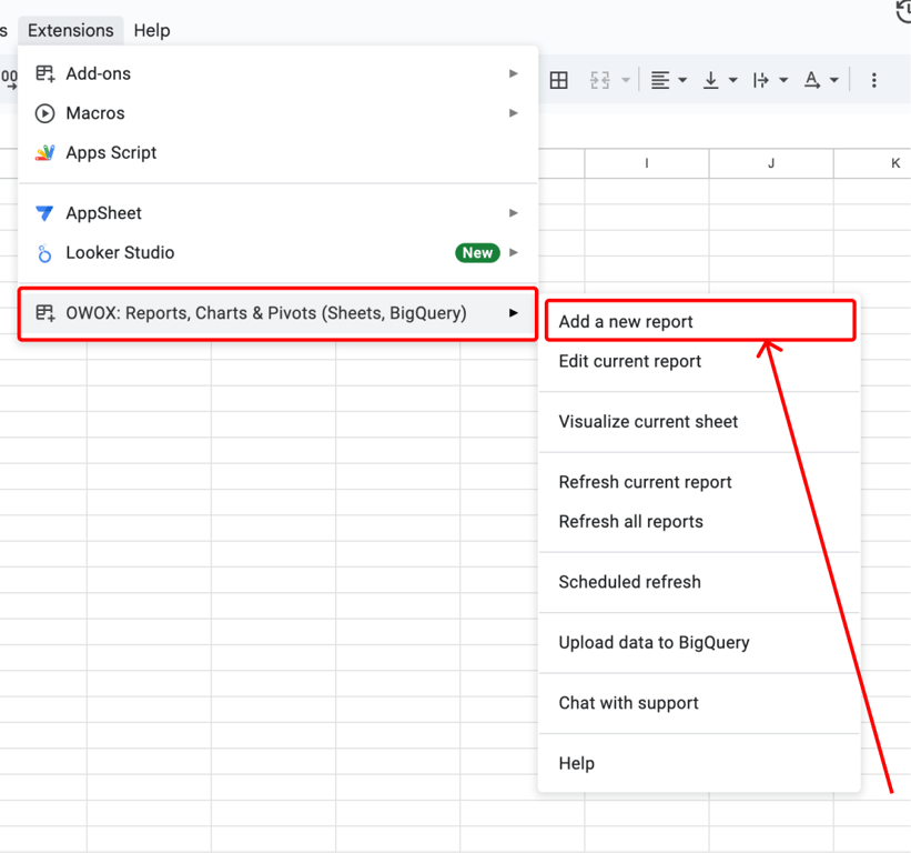 Google Sheets Extensions menu with the OWOX Sheets Extension selected for creating a new report. i-shadow