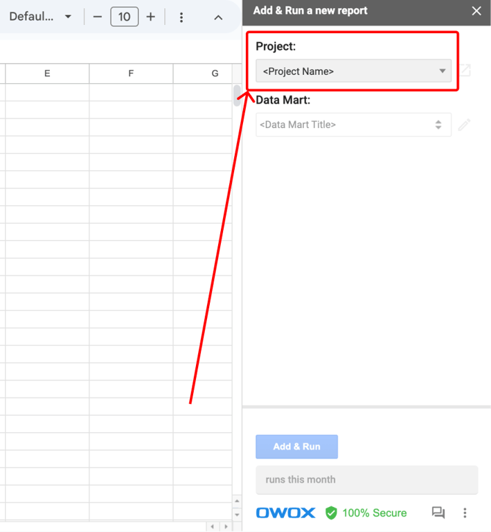 OWOX BI sidebar in Google Sheets displaying the project selection, allowing users to choose a Google Cloud BigQuery project for data retrieval. i-border