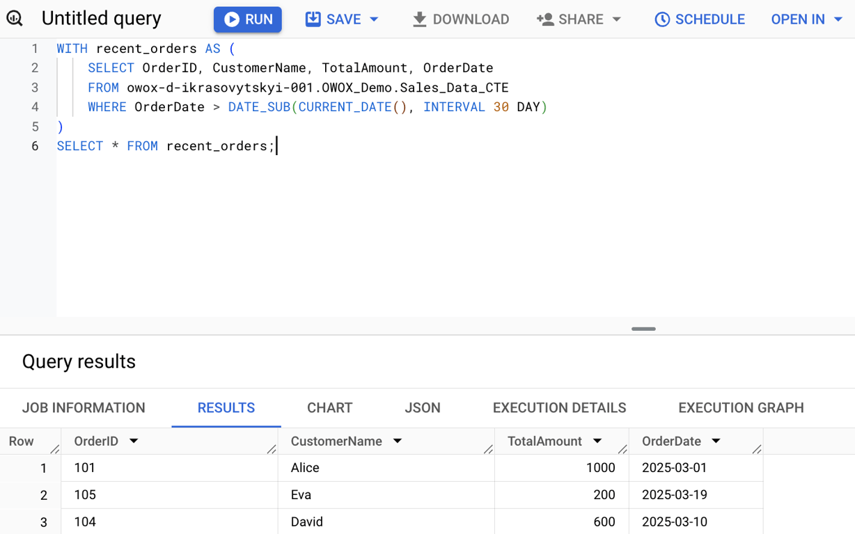 SQL query using a Common Table Expression (CTE) to filter and retrieve recent orders based on the last 30 days. i-shadow