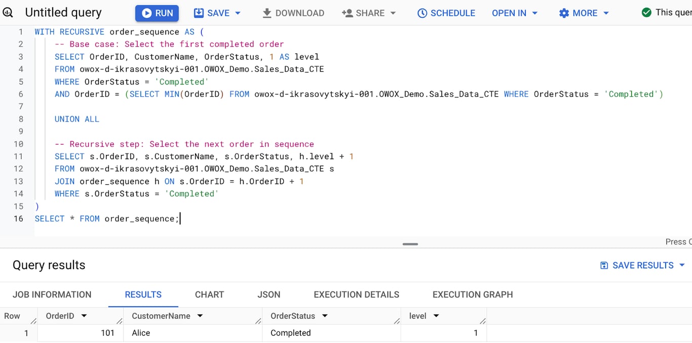 SQL query using a recursive Common Table Expression (CTE) to track sequential order, linking completed orders in order sequence. i-shadow