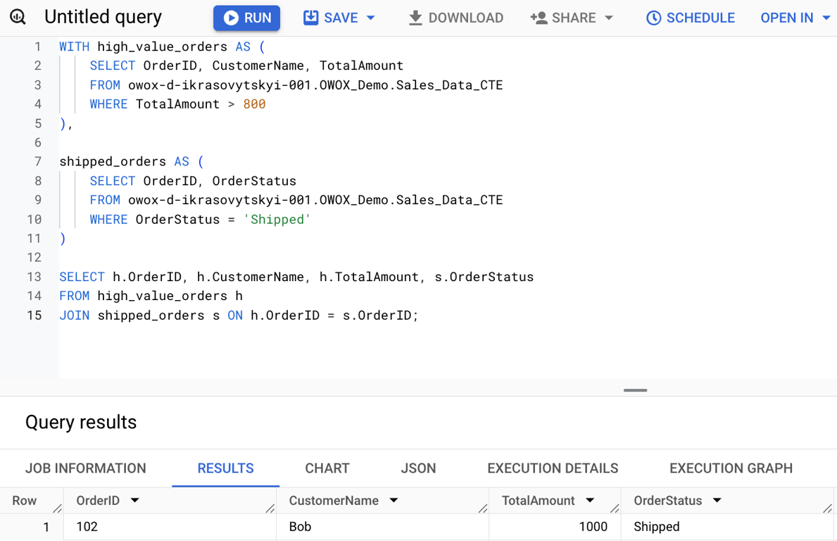 SQL query using multiple Common Table Expressions (CTEs)  to retrieve high-value orders and shipped orders then combining them using a JOIN. i-shadow