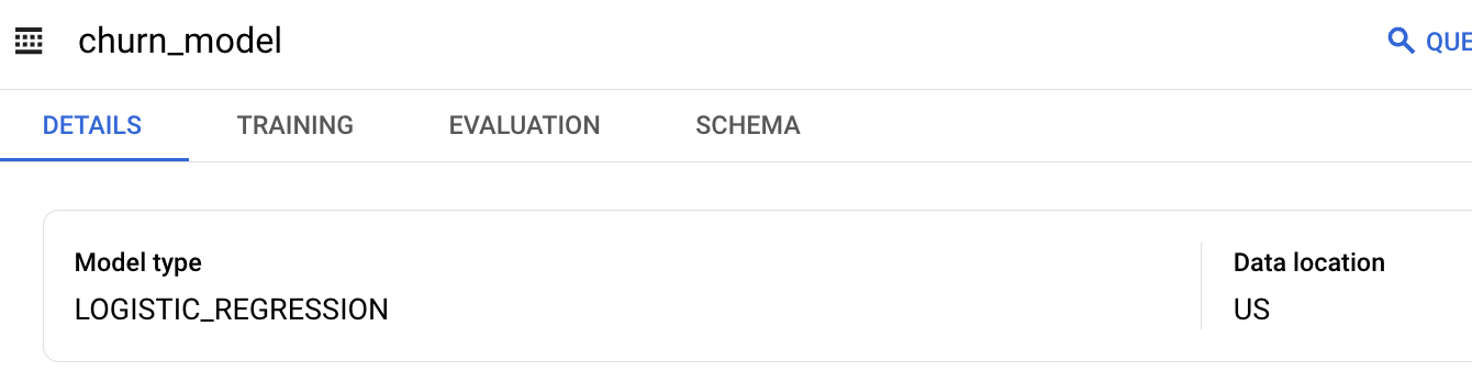 Checking the BigQuery ML model type and location from the “Details” tab for “churn_model.”  i-shadow
