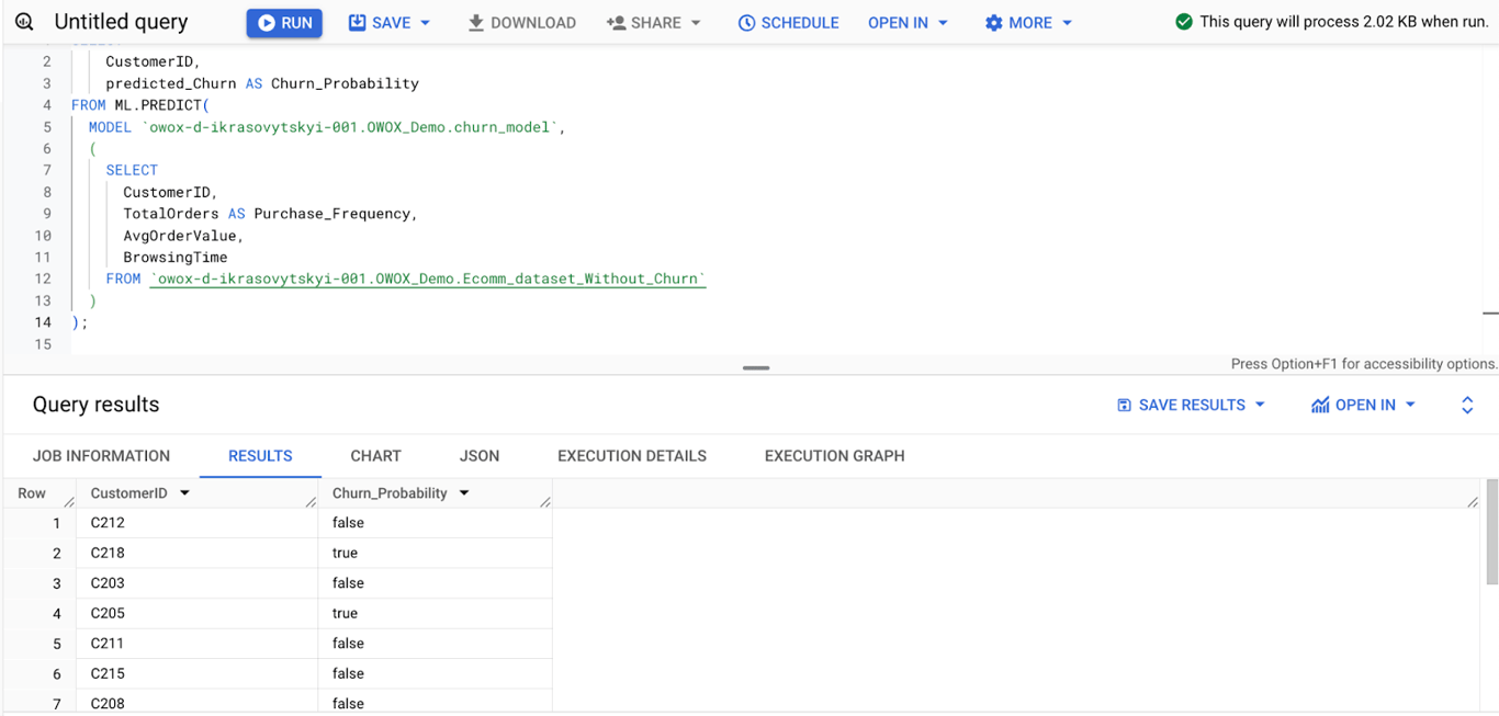 Using ML.PREDICT in BigQuery to estimate customer churn probability based on purchase frequency, average spending, and browsing behavior. i-shadow