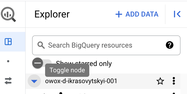BigQuery Explorer panel displaying the project details – the dataset and how to expand it to see the tables inside. i-shadow