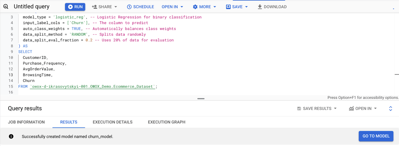 Example of creating a trained model in BigQuery. i-shadow