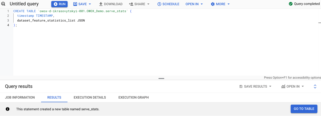 SQL query to create a table where ML.TFDV_VALIDATE data will be stored after validation. i-shadow