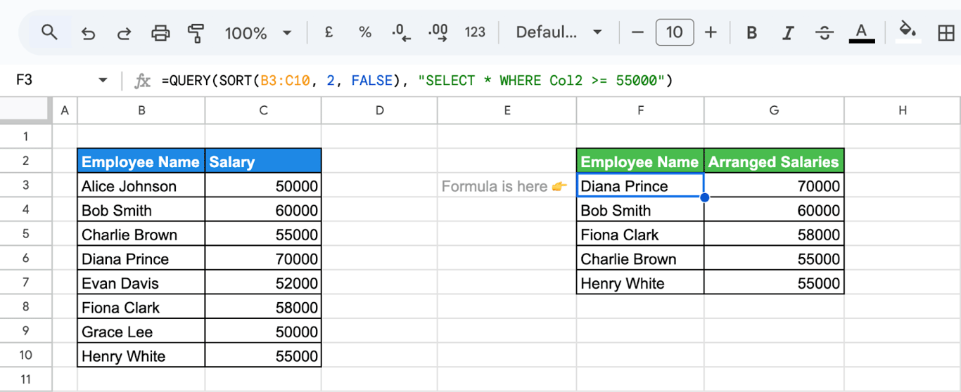 Example of using the SORT function inside a QUERY in Google Sheets to organize the results. i-border