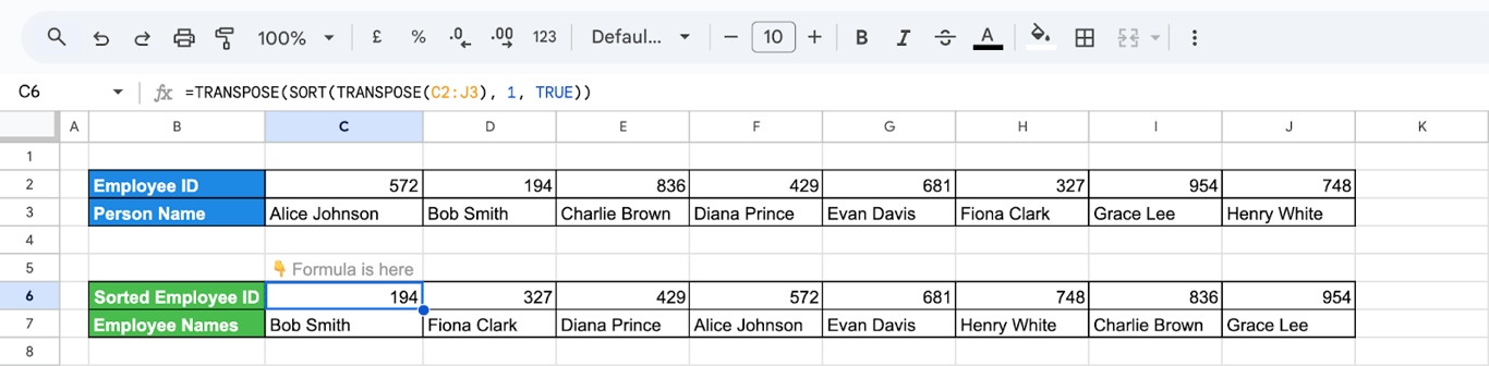 Using SORT and TRANSPOSE functions in Google Sheets to sort data that’s arranged in rows. i-border