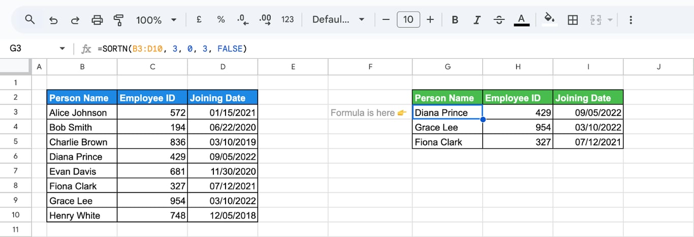 Using SORTN function in Google Sheets selects and displays the top rows based on value. i-border