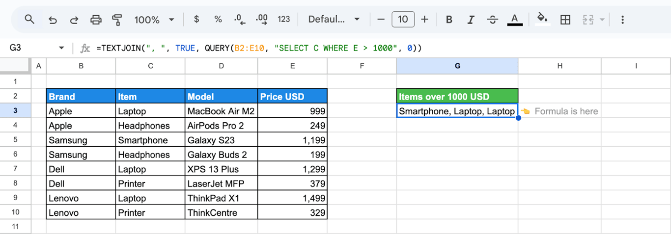 Dynamic text list created using QUERY and TEXTJOIN in combination. i-border