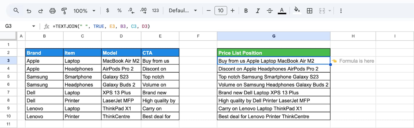 TEXTJOIN building complete sentences from cell fragments. i-border