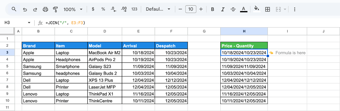 Example of JOIN used to combine date values from multiple cells. i-border