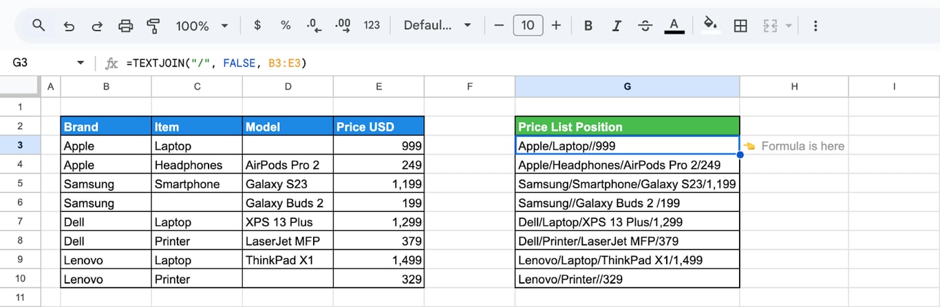 TEXTJOIN function used to merge cell values while skipping empty cells. i-border