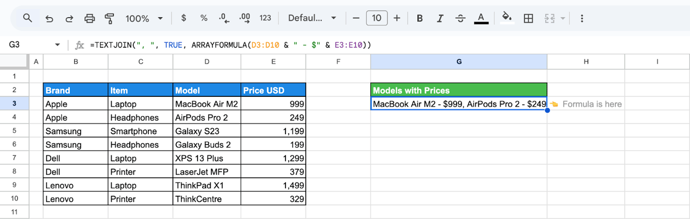 Example of TEXTJOIN and JOIN inside ARRAYFORMULA to process multiple rows. i-border