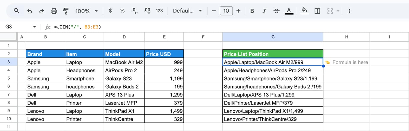 JOIN function shown combining multiple text strings with a comma separator. i-border