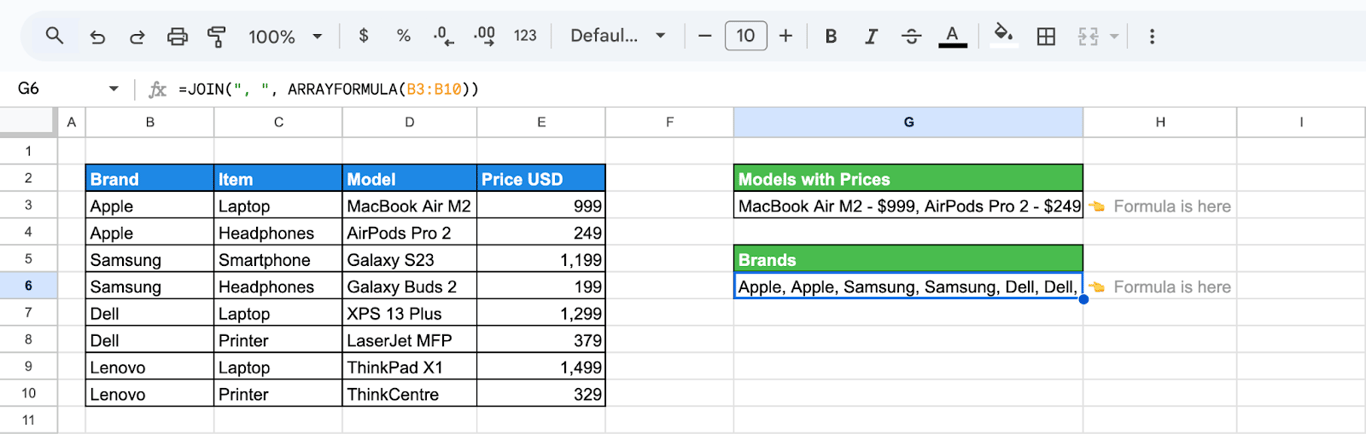 Second example showing advanced ARRAYFORMULA use with text joining. i-border