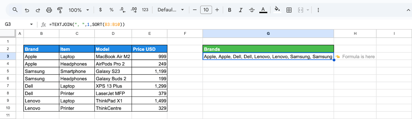 Sorted list of text values generated and joined using TEXTJOIN. i-border