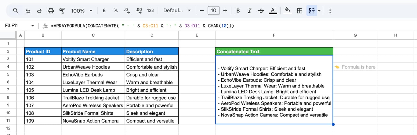 Example of text concatenation across ranges in Google Sheets with ARRAYFORMULA for advanced formatting. i-border