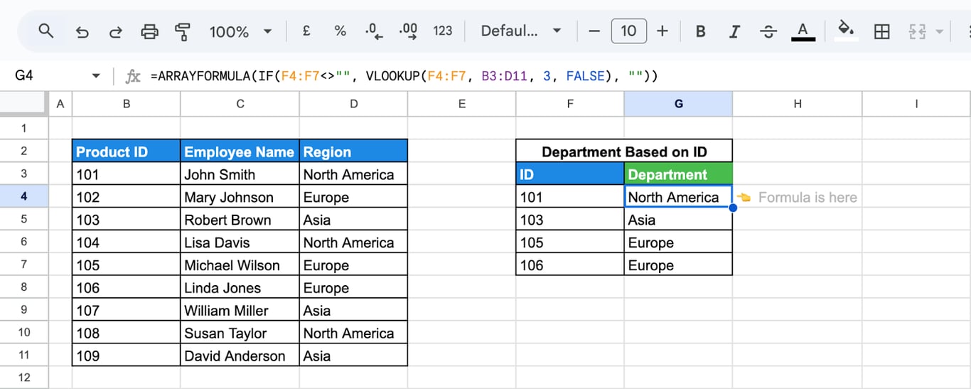 ARRAYFORMULA and VLOOKUP in Google Sheets for batch processing of lookup operations in large datasets. i-border