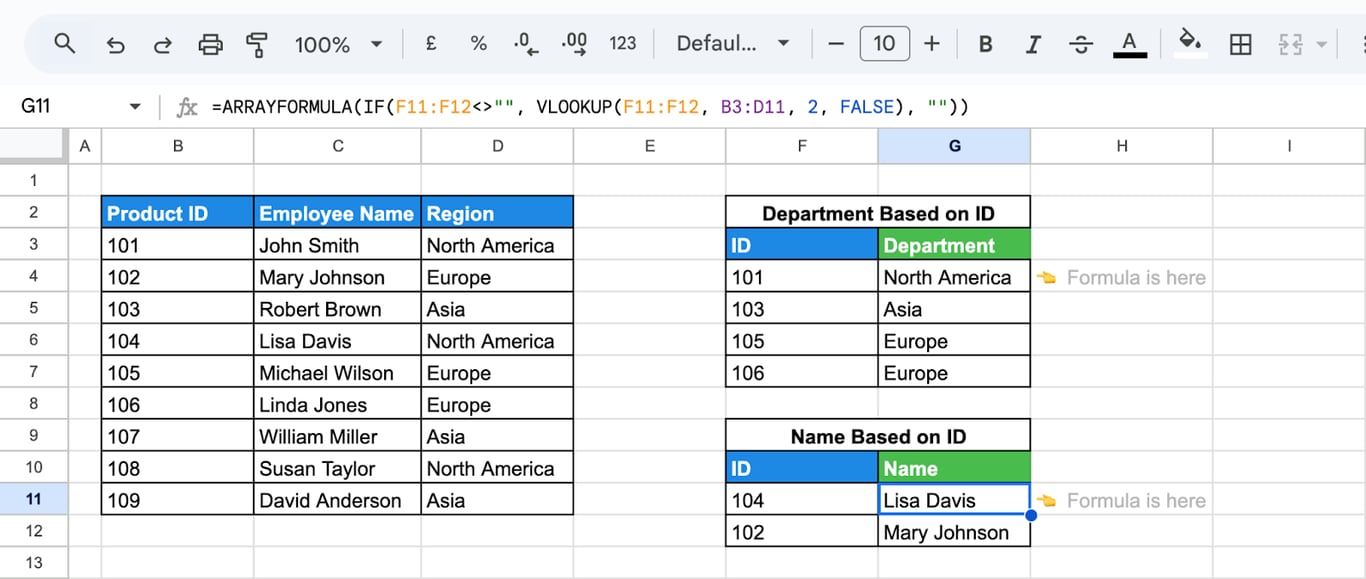 Detailed example of leveraging ARRAYFORMULA in Google Sheets for optimized VLOOKUP across multiple rows. i-border