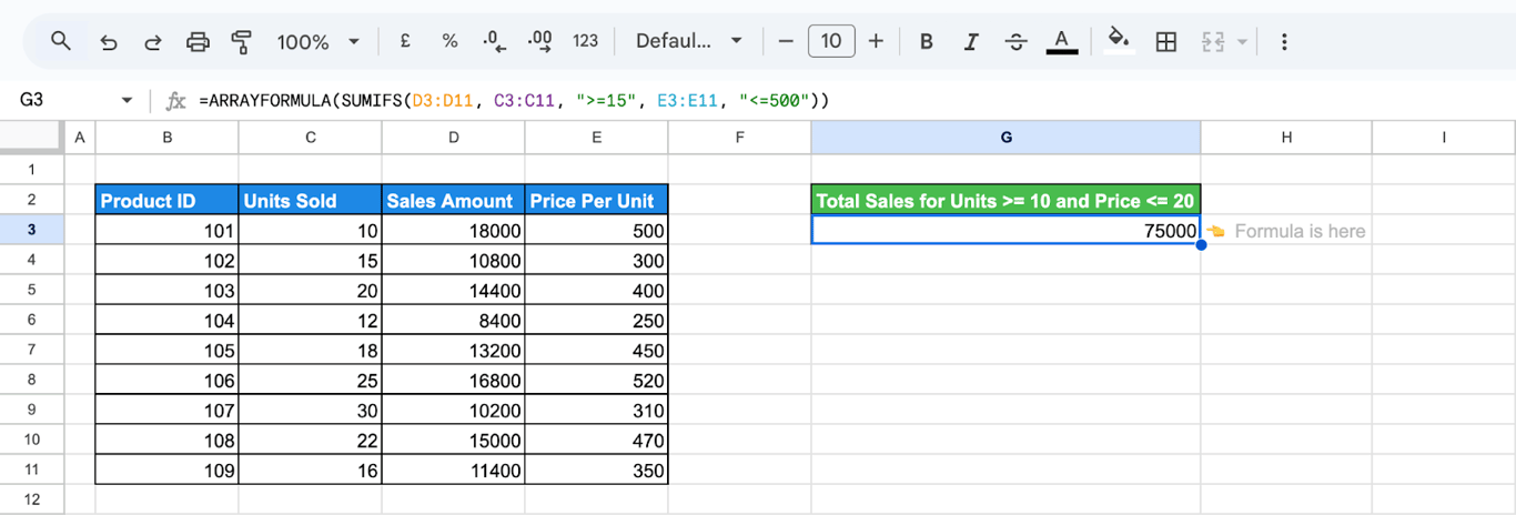 Advanced multi-criteria data analysis in Google Sheets using ARRAYFORMULA and the SUMIFS function. i-border