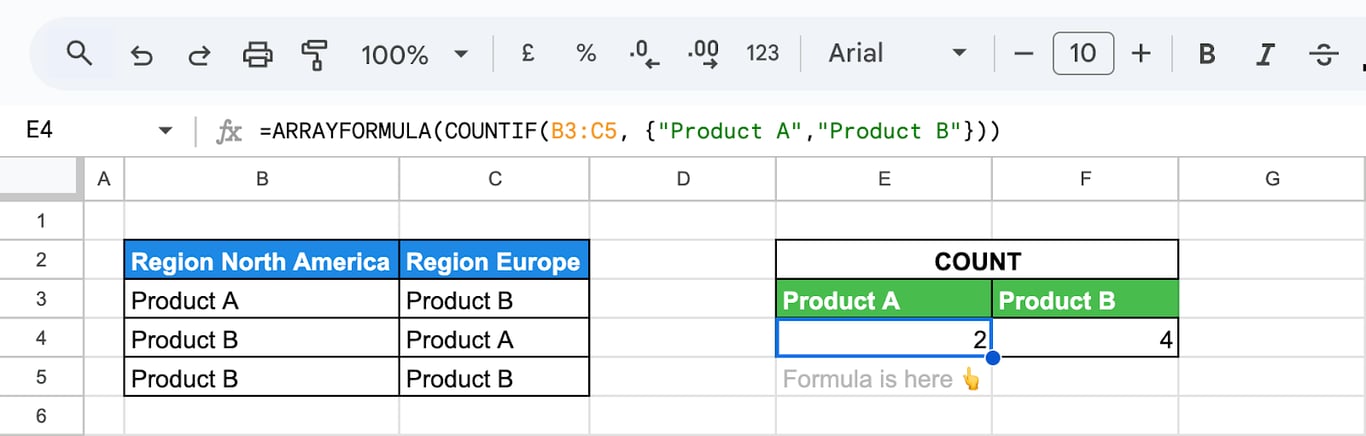 Use of ARRAYFORMULA in Google Sheets to automate counting data that meets specific criteria with COUNTIF and COUNTIFS. i-border